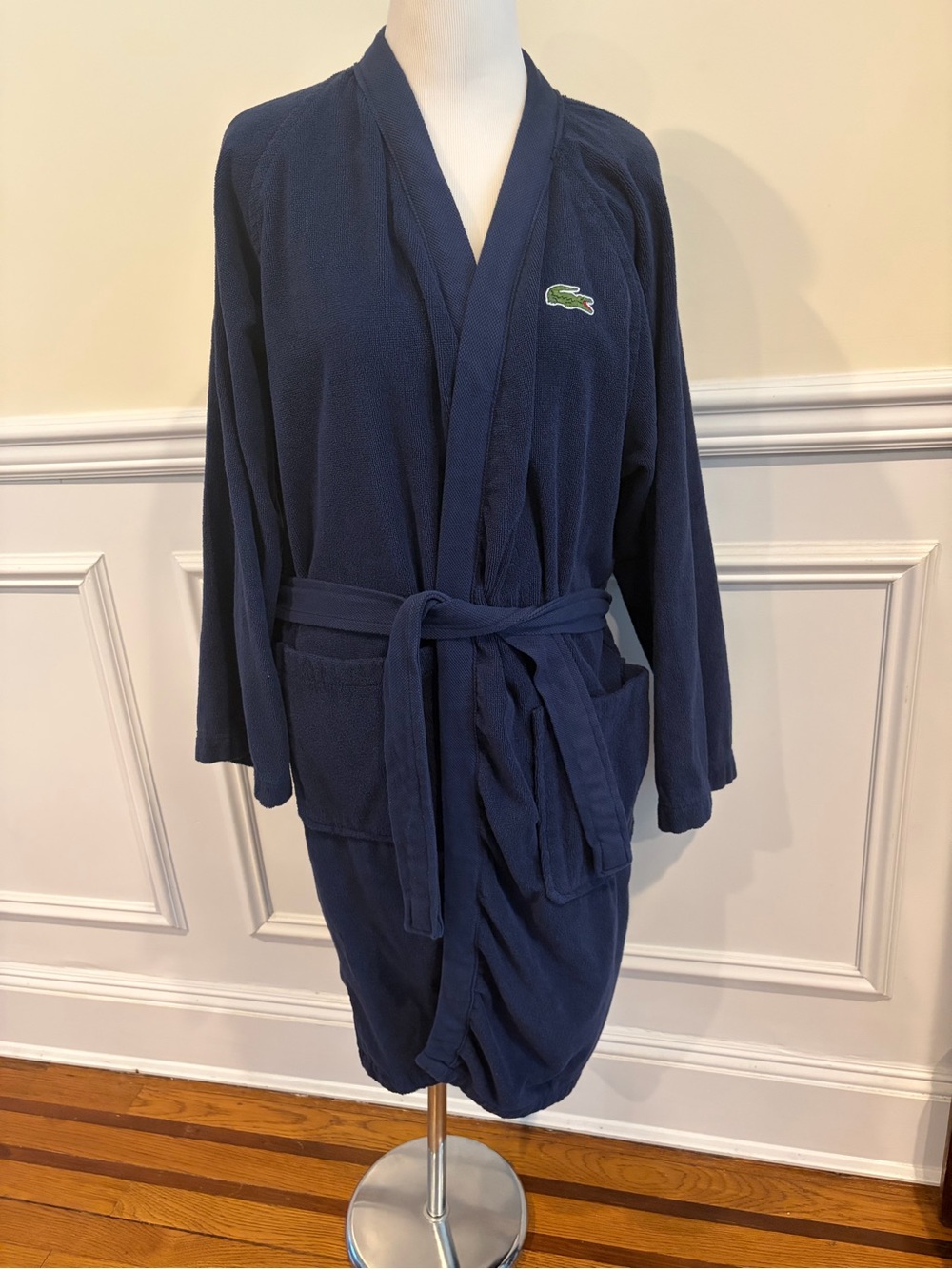 Lacoste Navy Cotton Terry Cloth Robe with Embroidered Crocodile Unisex